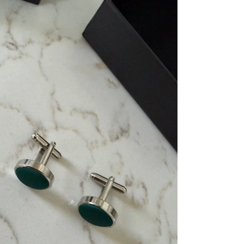 Azazie Mens Emerald Green Satin Silver Tone Round Cufflinks Old Money Minimalist